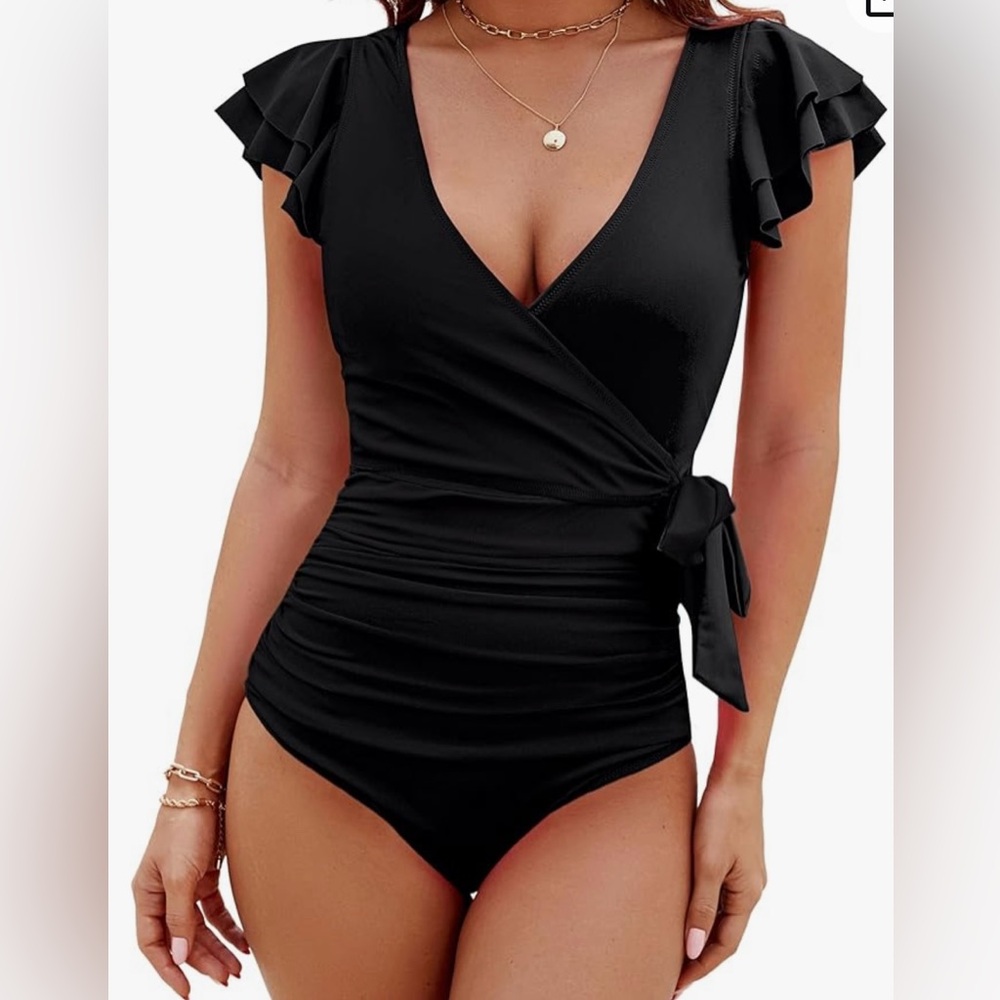 Blooming Jelly Black One Piece Swimsuit Ruffle Sleeve Tummy Control NWT XXL